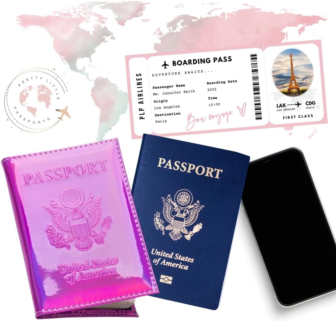 Chrome Passport Cover Vaccine Card Holder Combo, Passport Holder with Vaccine Card Slot (Pink)