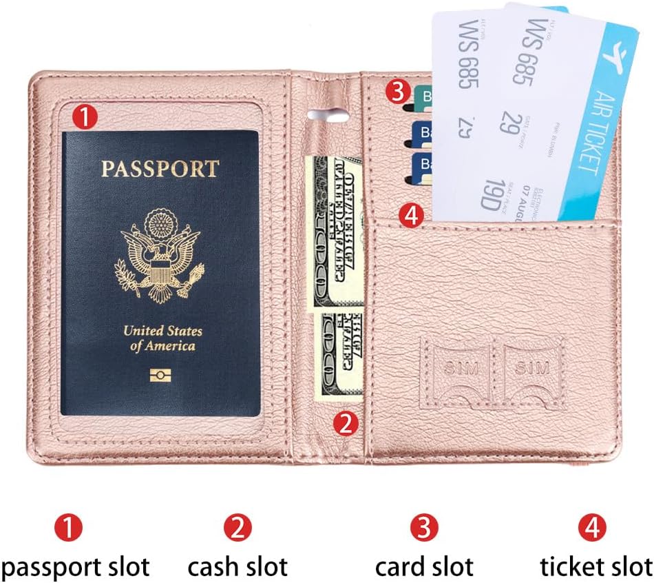 Passport Holder for Travel Essentials, Passport Cover Wallet Passport Holders for Women Men, PU Leather Passport Book Card Case with Pen Holder for Family Travel Must Haves Accessories, Rose Gold