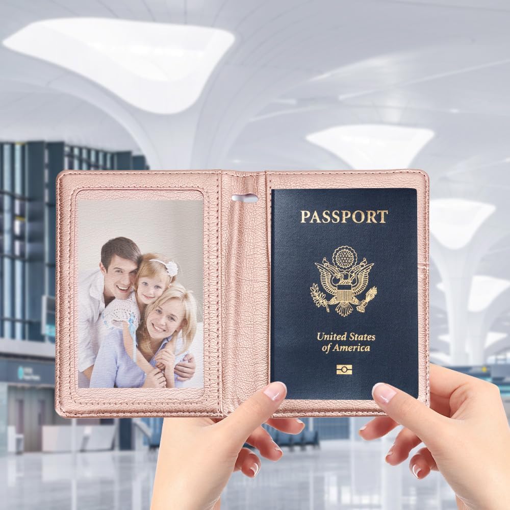 Passport Holder for Travel Essentials, Passport Cover Wallet Passport Holders for Women Men, PU Leather Passport Book Card Case with Pen Holder for Family Travel Must Haves Accessories, Rose Gold