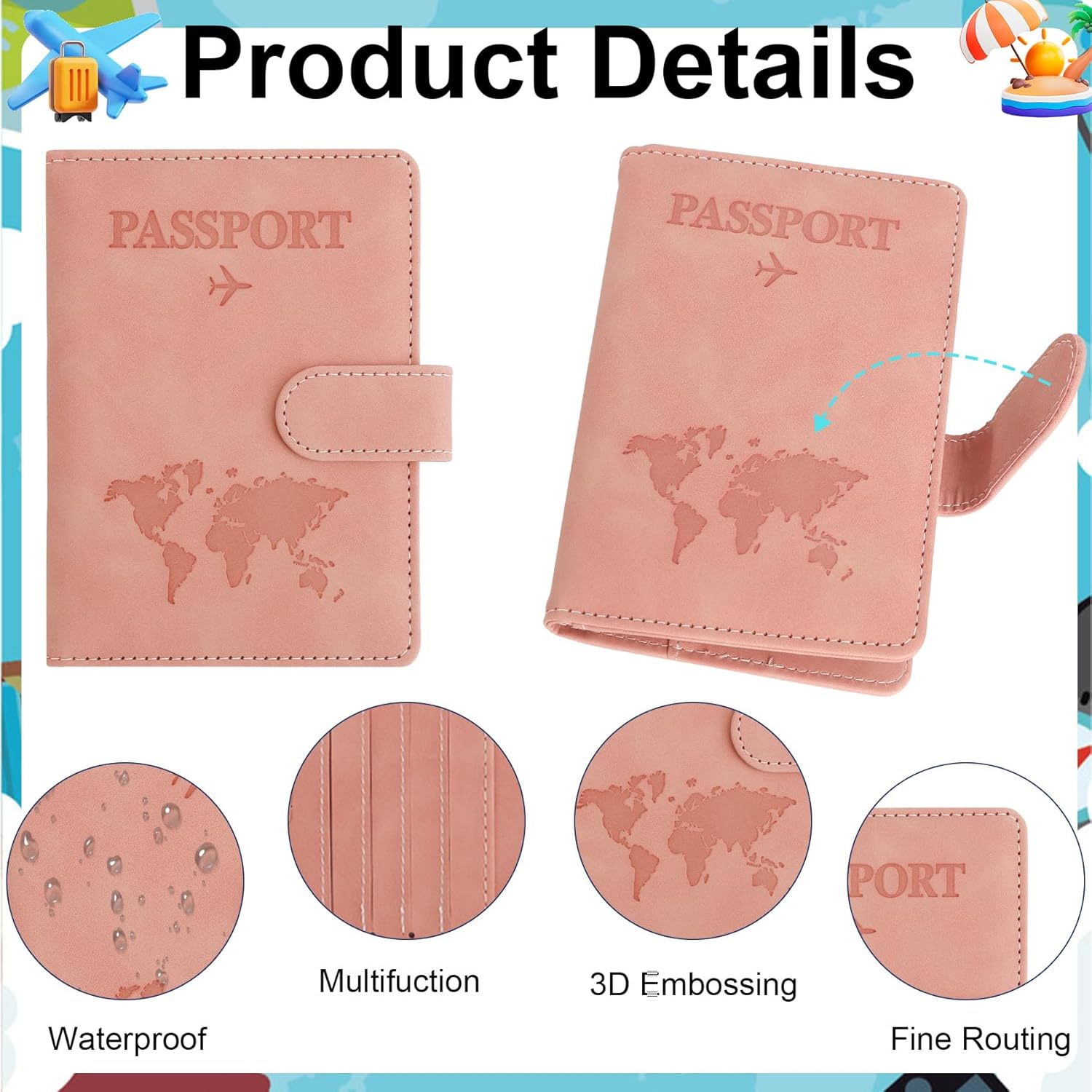 Passport Holder for Travel Essentials, Pink Leather Passport Cover, Passport Wallet Holders for Women Men Family Travel Gifts Must Have Accessories, Credit Card Cash Air Ticket Storage Supplies