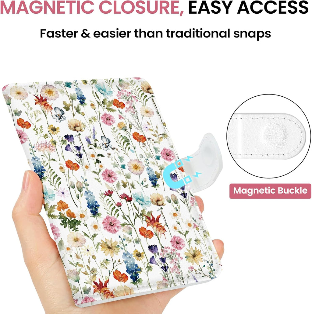 Passport Holder for Travel Essentials, RFID Blocking Leather Cover Wallet with Magnetic Closure, Aesthetic & Cute Passport Book Case for Women and Men - Wildflower