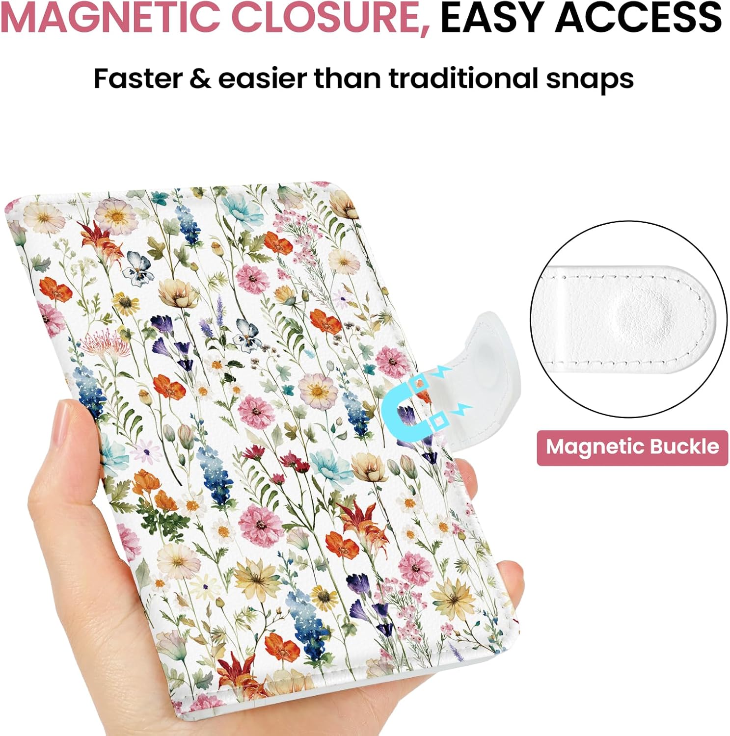 Passport Holder for Travel Essentials, RFID Blocking Leather Cover Wallet with Magnetic Closure, Aesthetic & Cute Passport Book Case for Women and Men - Wildflower