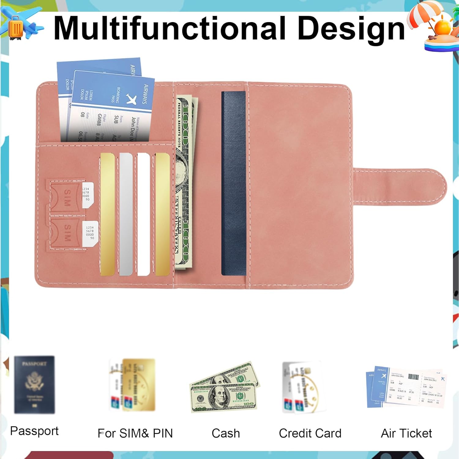 Passport Holder for Travel Essentials, Pink Leather Passport Cover, Passport Wallet Holders for Women Men Family Travel Gifts Must Have Accessories, Credit Card Cash Air Ticket Storage Supplies