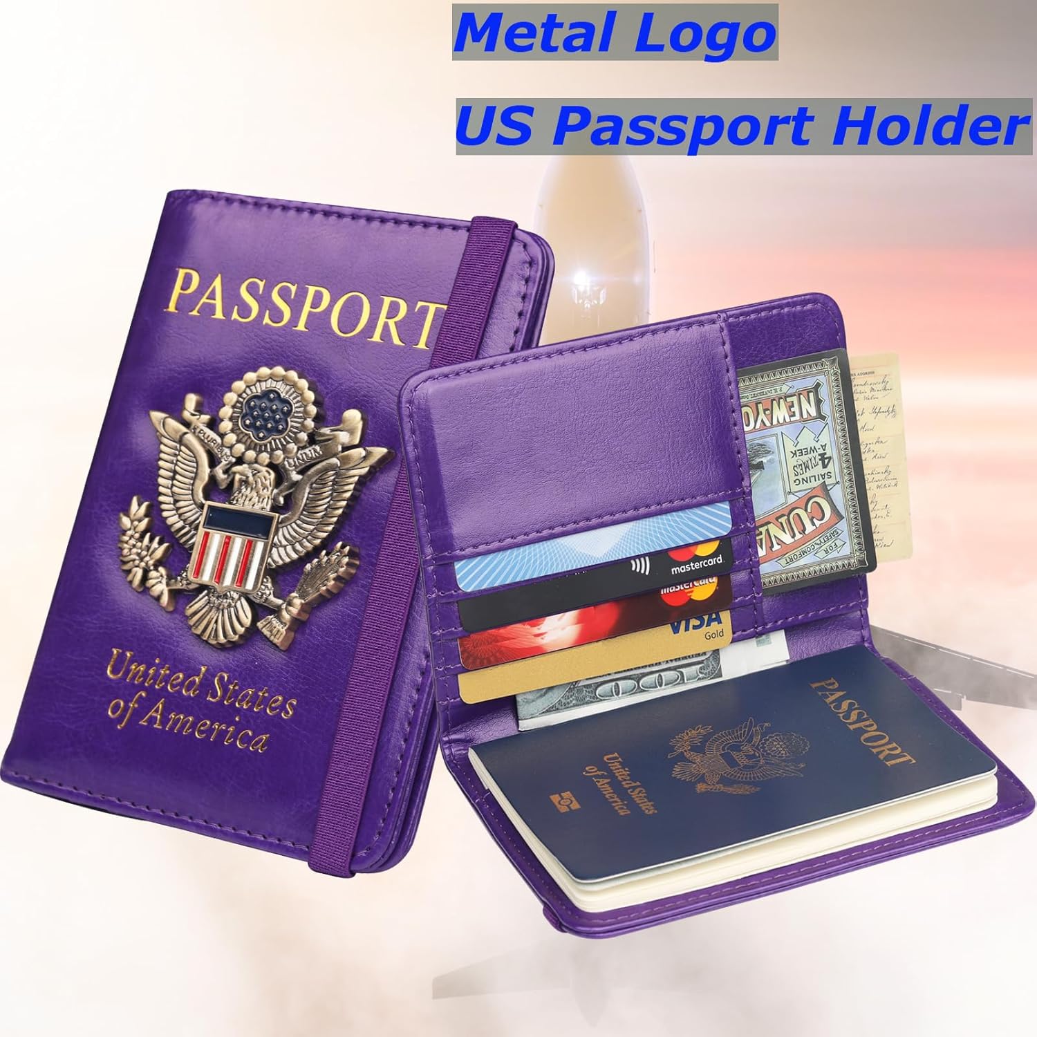 Herain Passport Holder Wallet Cover Case for Women Men Family, Metal US Badge Passport Book Holders with RFID Blocking, Travel Must Haves Cruise Ship Essentials (purple)