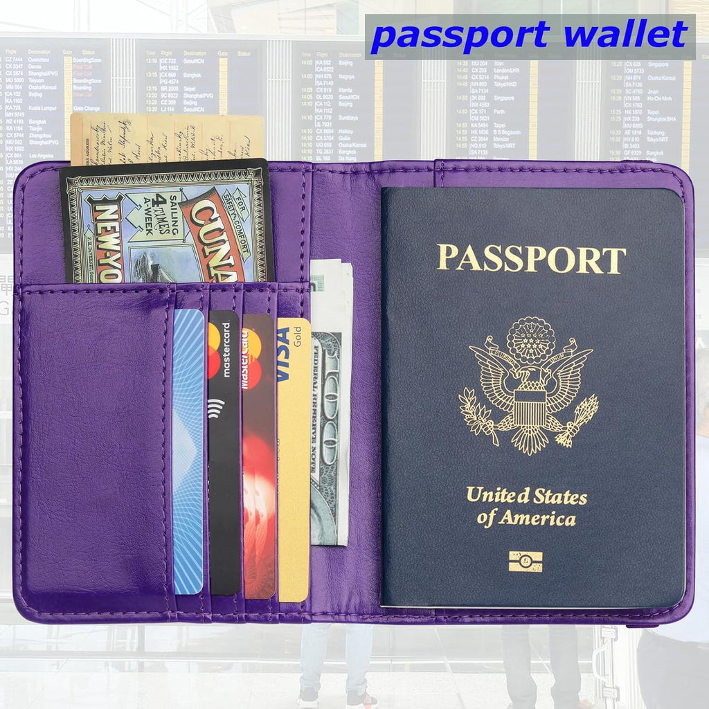 Herain Passport Holder Wallet Cover Case for Women Men Family, Metal US Badge Passport Book Holders with RFID Blocking, Travel Must Haves Cruise Ship Essentials (purple)