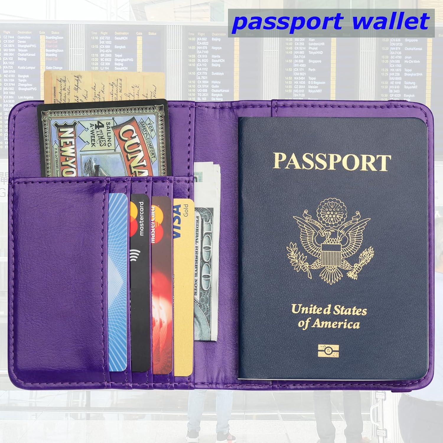 Herain Passport Holder Wallet Cover Case for Women Men Family, Metal US Badge Passport Book Holders with RFID Blocking, Travel Must Haves Cruise Ship Essentials (purple)