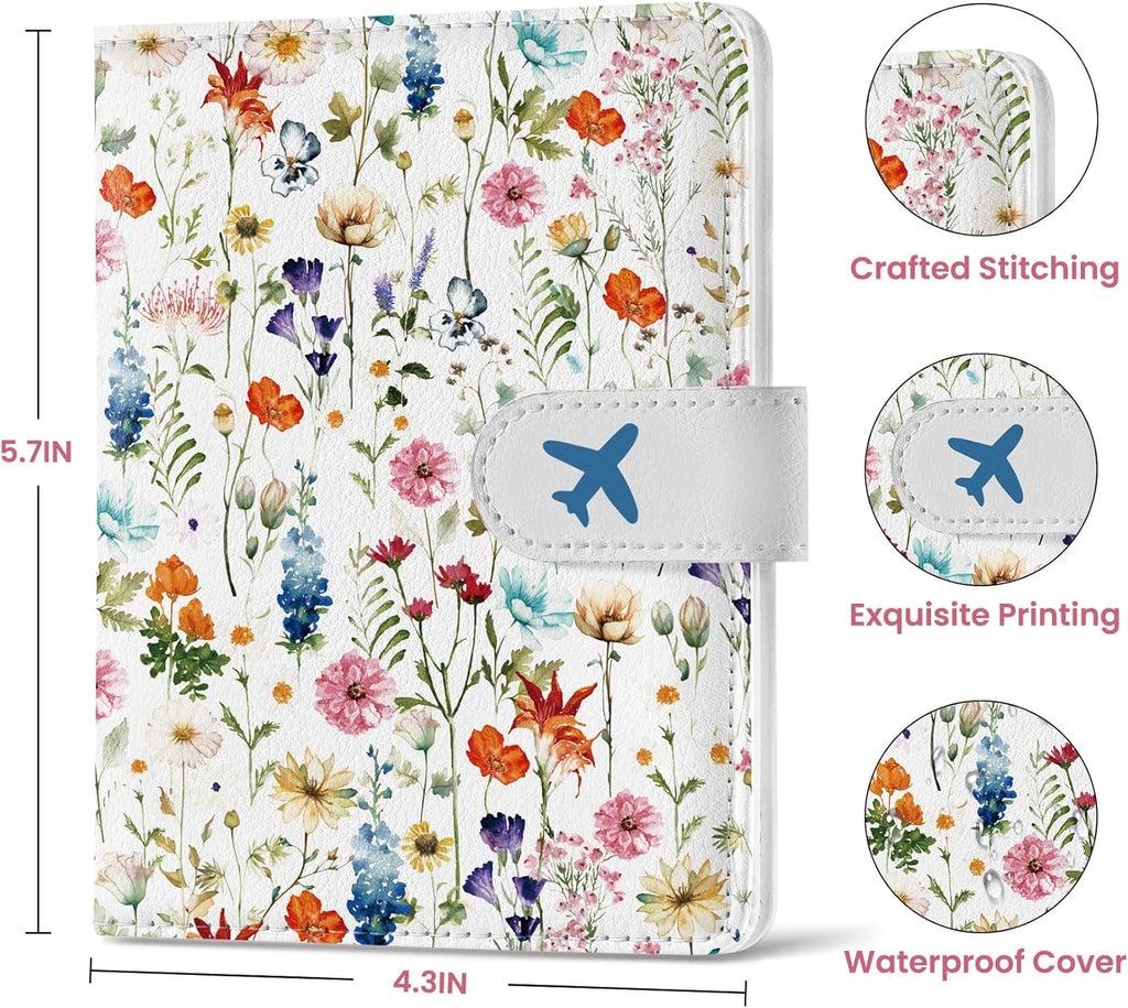 Passport Holder for Travel Essentials, RFID Blocking Leather Cover Wallet with Magnetic Closure, Aesthetic & Cute Passport Book Case for Women and Men - Wildflower