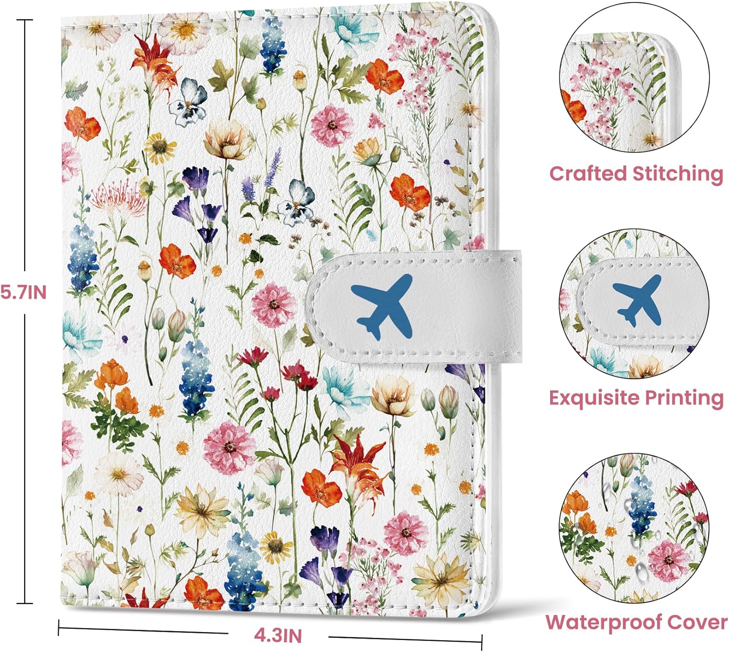 Passport Holder for Travel Essentials, RFID Blocking Leather Cover Wallet with Magnetic Closure, Aesthetic & Cute Passport Book Case for Women and Men - Wildflower